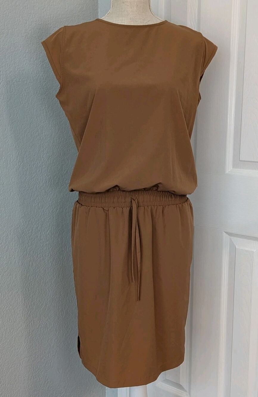 Albion Camel Brown Sleeveless Midi Dress with Drawstring Waist